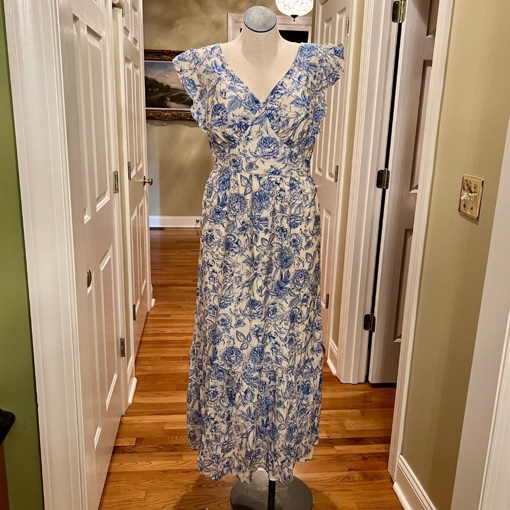 NWT Baltic Born Hampton Tie Back Chinoiserie Toile Blue White Maxi Dress Sz 1XL - Picture 10 of 14